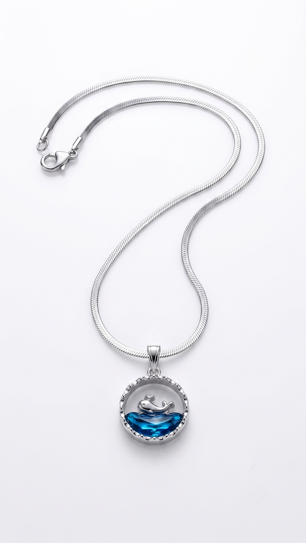 Deep Blue Crystal Ocean Whale Charm Pendant with Snake Chain