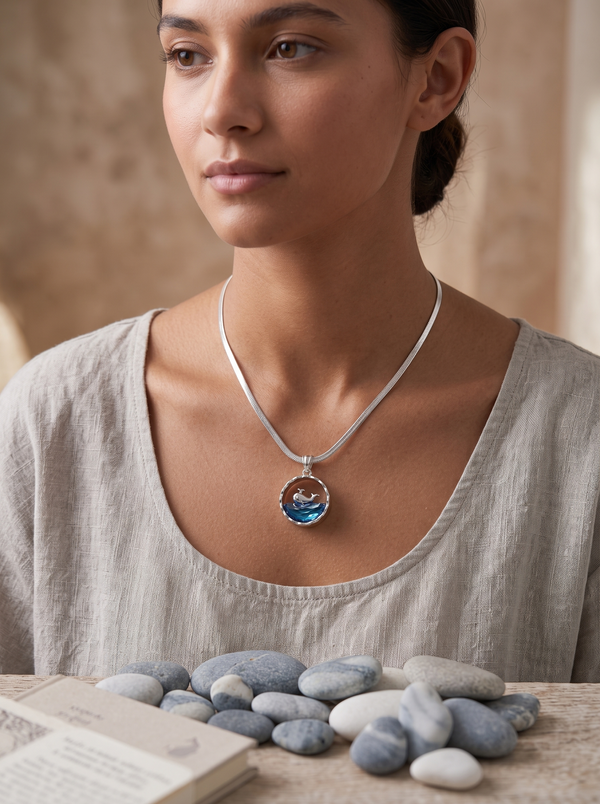 Deep Blue Crystal Ocean Whale Charm Pendant with Snake Chain