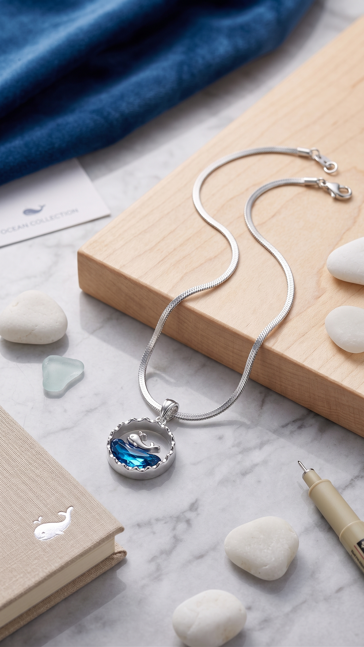 Deep Blue Crystal Ocean Whale Charm Pendant with Snake Chain
