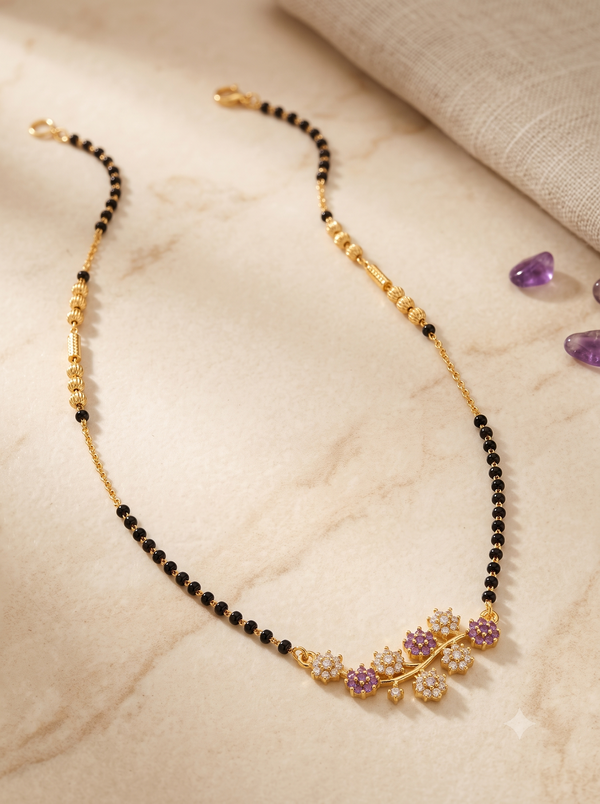 Elegant Floral CZ Short Mangalsutra with Purple Accents