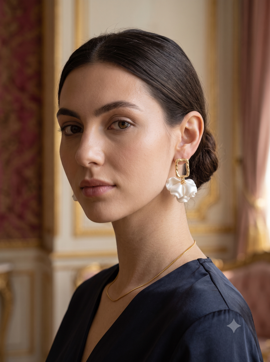 Elegant White Petal & Geometric Gold Drop Earrings