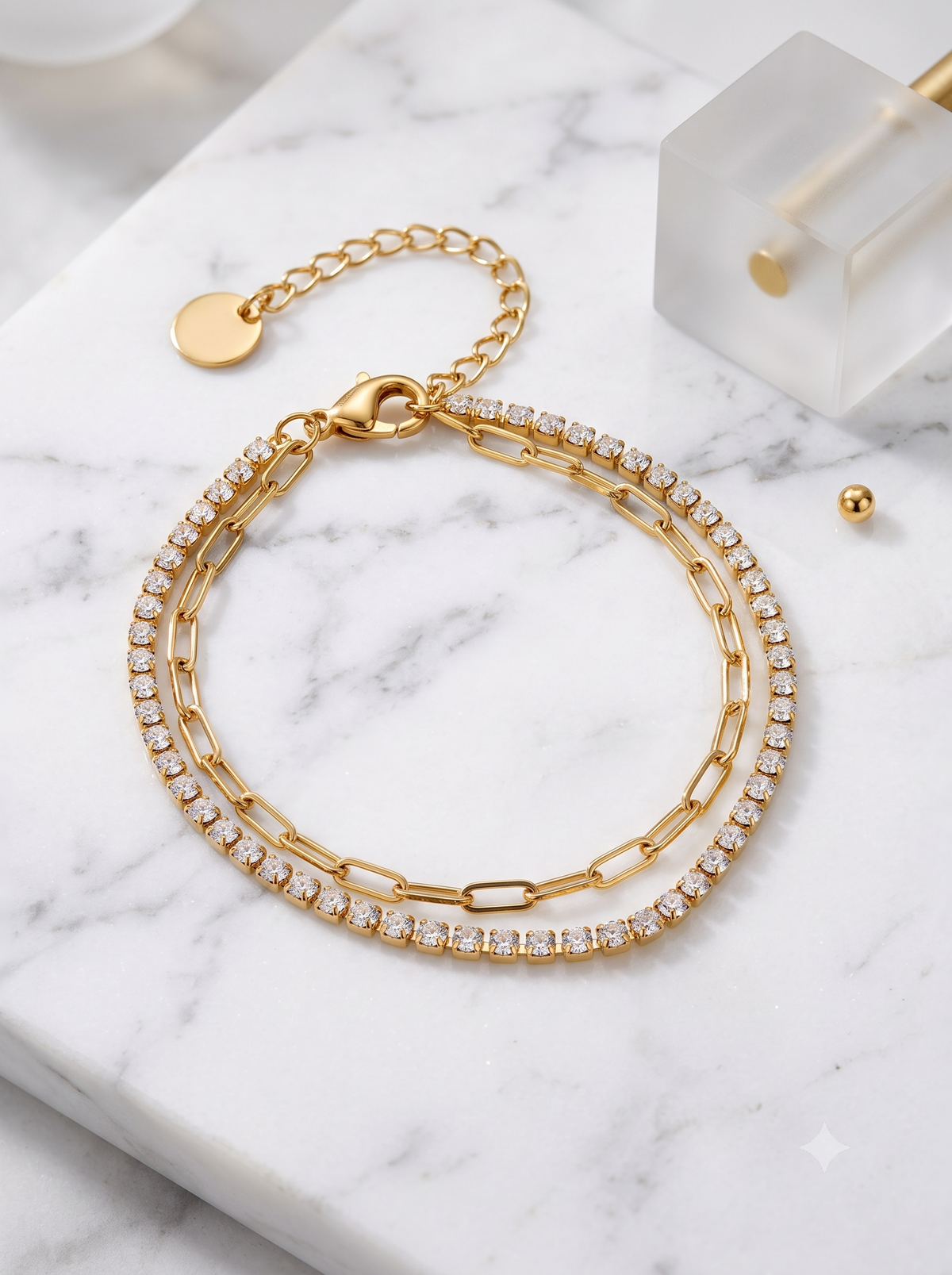 Dual-Layer Crystal Tennis & Paperclip Chain Bracelet