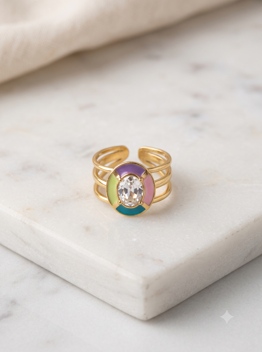 Gold-Plated Colorful Enamel Crystal Ring with Adjustable Triple Band