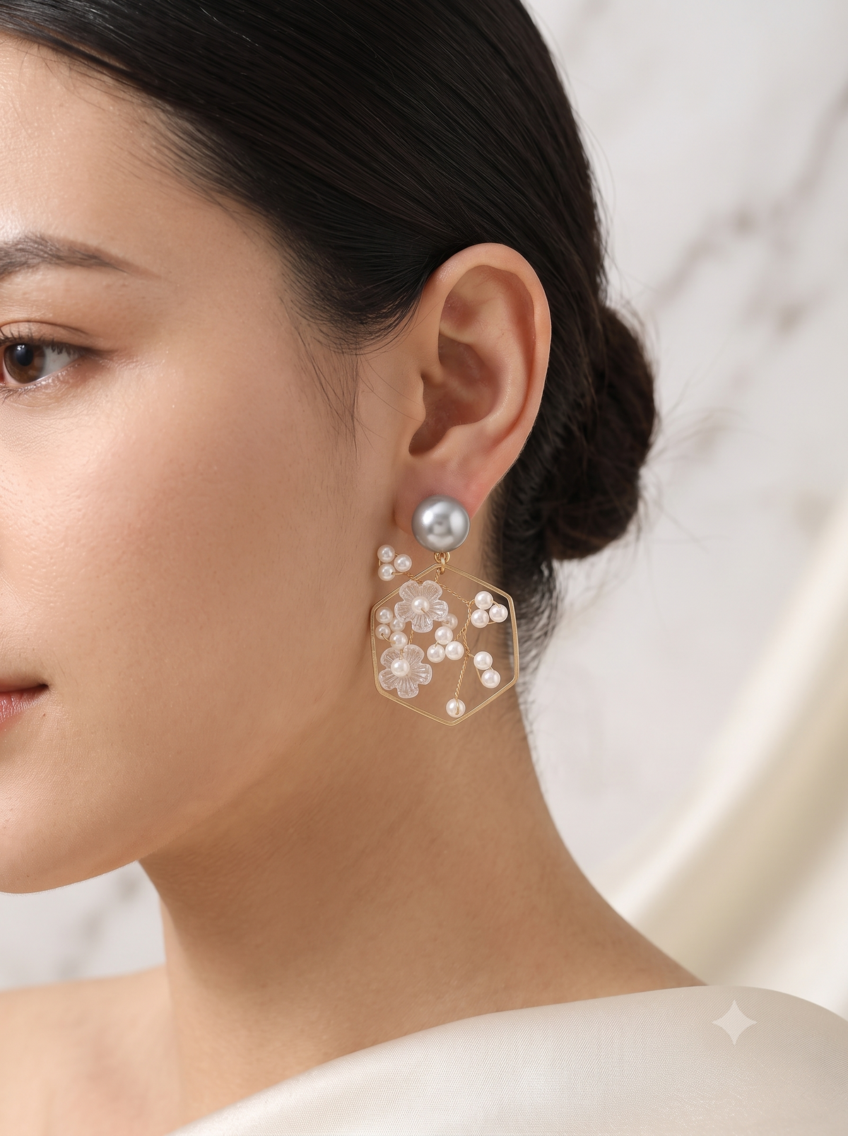 Geometric Hexagon & Frosted Floral Pearl Drop Earrings
