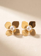 Matte Gold Floral Statement Studs with Pearl