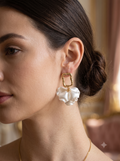 Elegant White Petal & Geometric Gold Drop Earrings