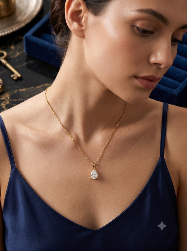 Teardrop Solitaire Crystal Pendant Necklace in Gold Finish