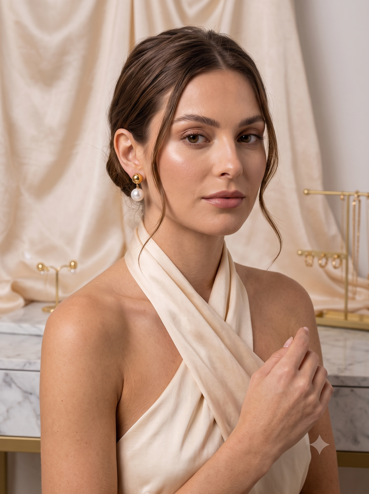 Timeless Gold Sphere & White Pearl Drop Earrings