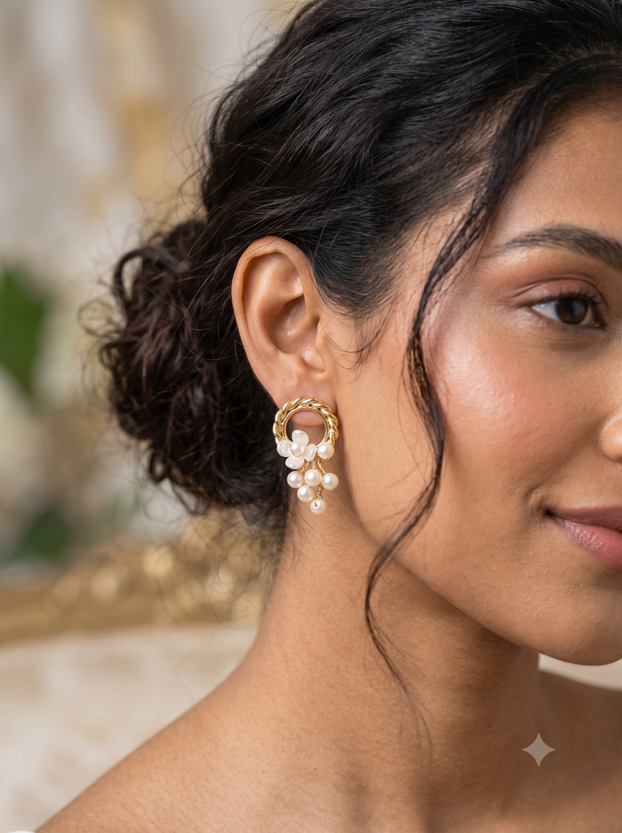 Vintage Braided Gold Hoop & Pearl Cascade Drop Earrings