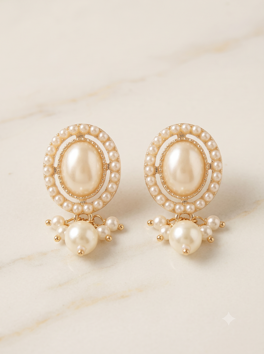 Classic Vintage-Style Oval Pearl Cluster Drop Earrings