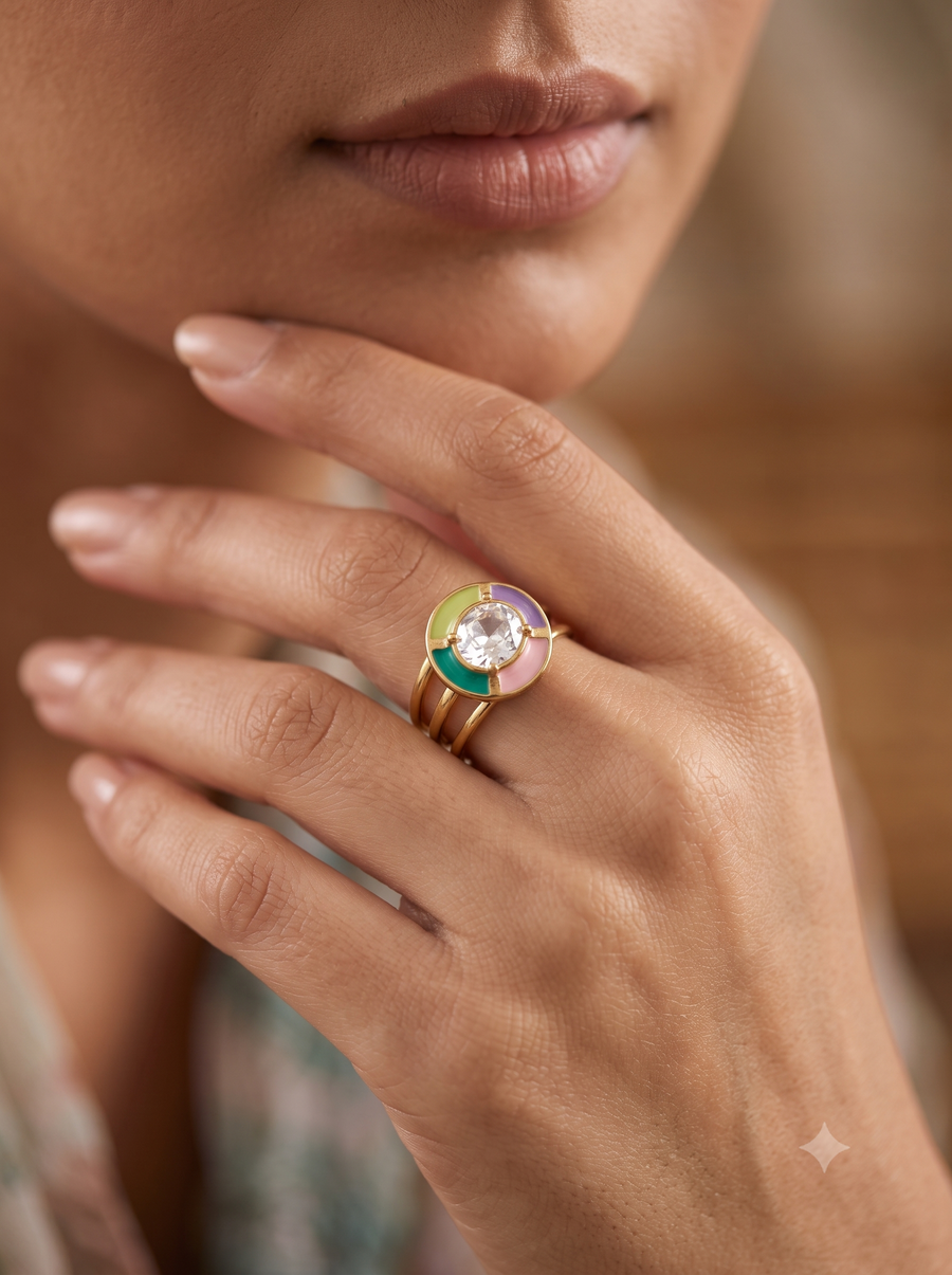 Gold-Plated Colorful Enamel Crystal Ring with Adjustable Triple Band