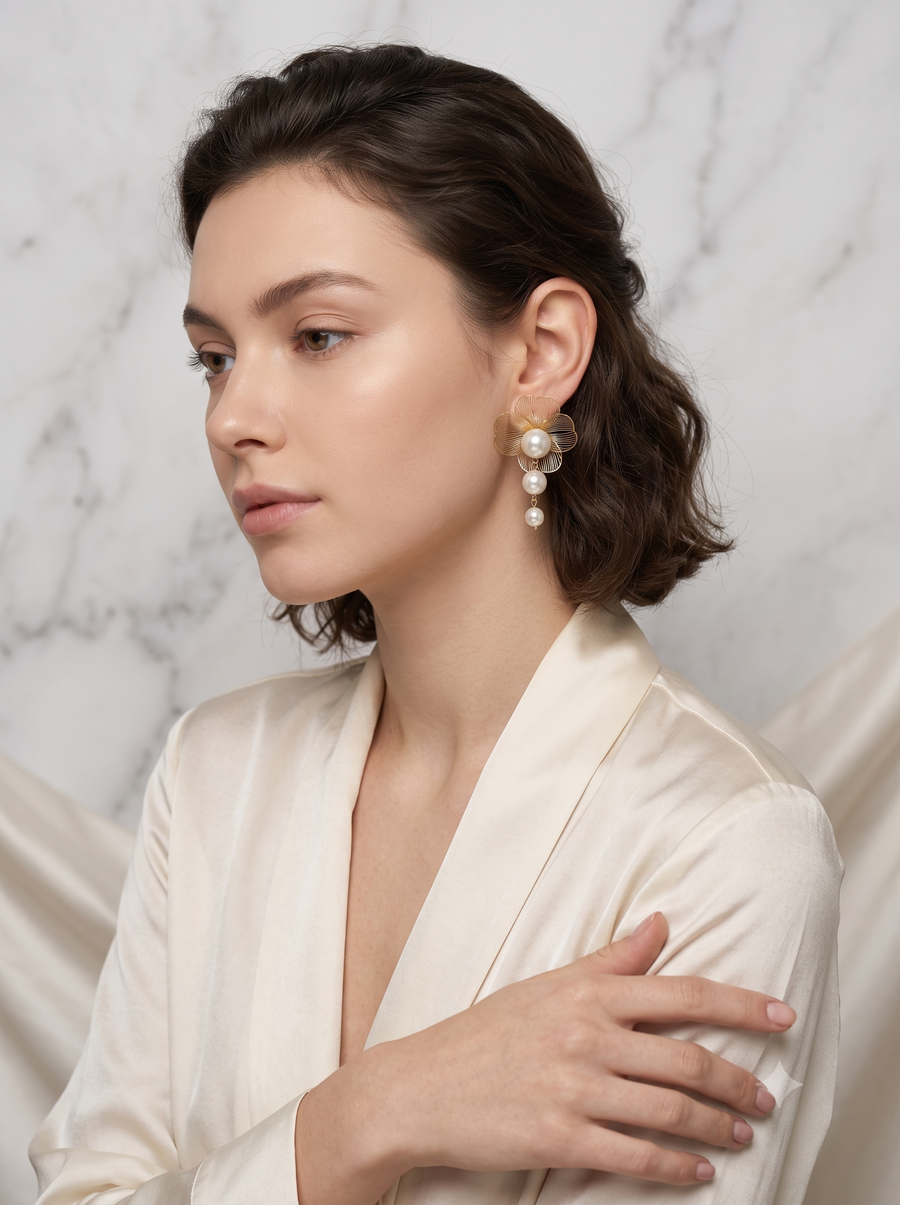 Golden Wire Flower Earrings with Dangle Pearls for Women
