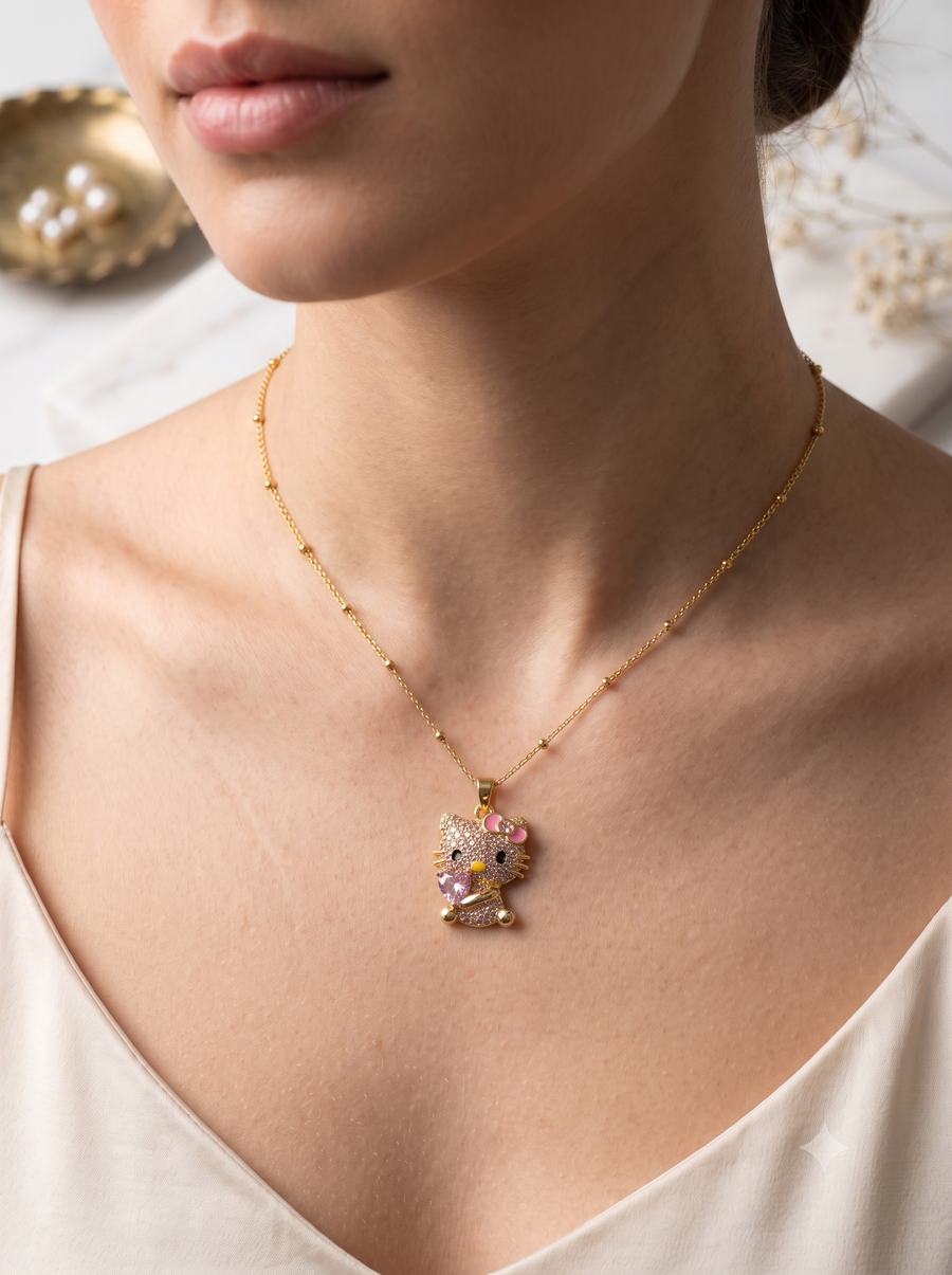 Sparkling Crystal Hello Kitty Pendant Necklace with Pink Heart
