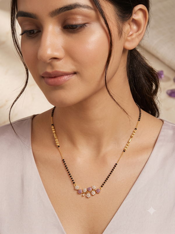 Elegant Floral CZ Short Mangalsutra with Purple Accents