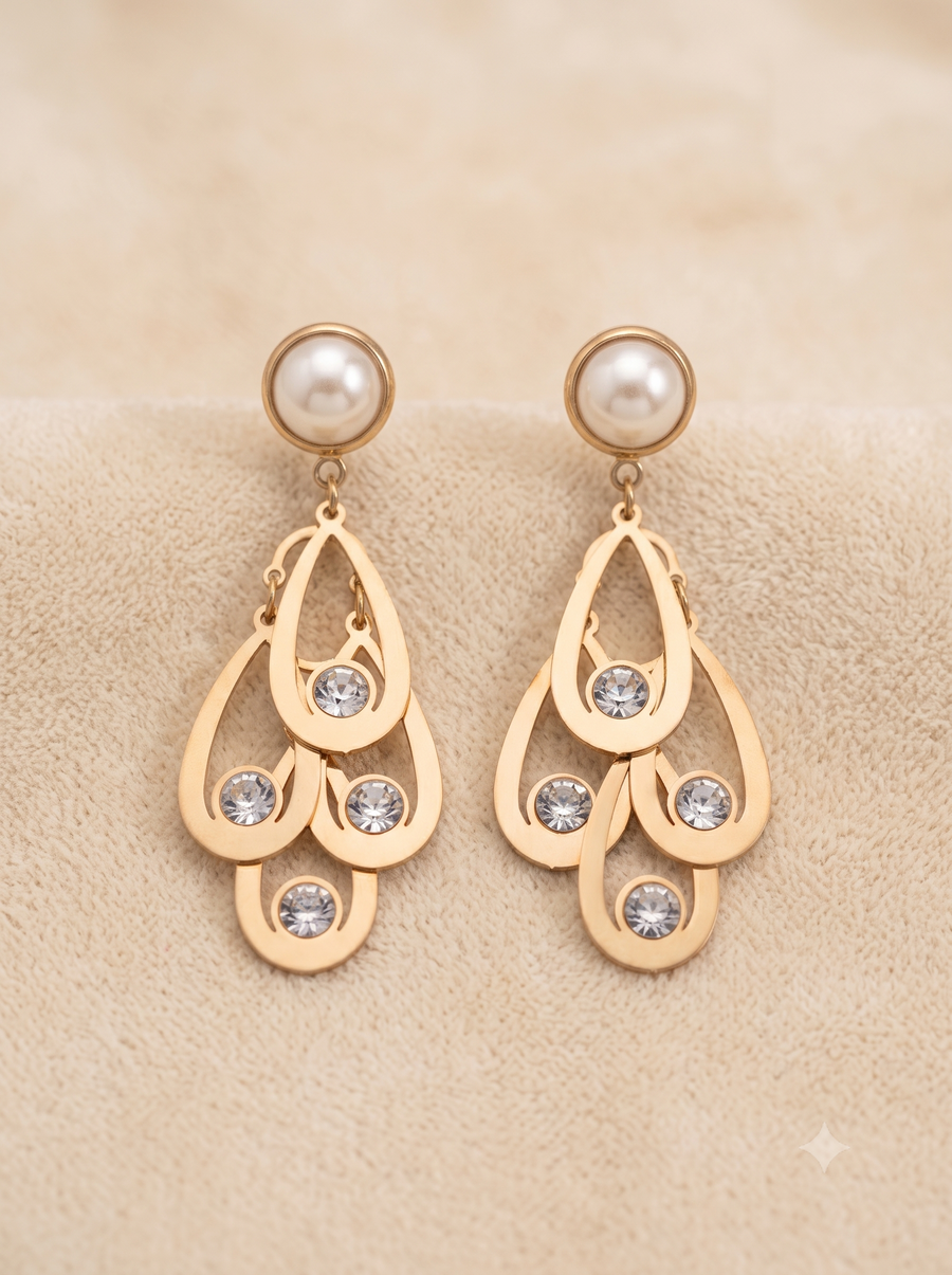 Elegant Gold-Tone Tiered Teardrop Earrings with Pearl & Crystal Accents