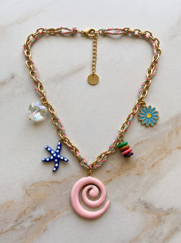 Boho Seaside Woven Chain Necklace with Pink Spiral