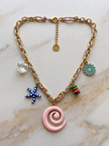 Boho Seaside Woven Chain Necklace with Pink Spiral