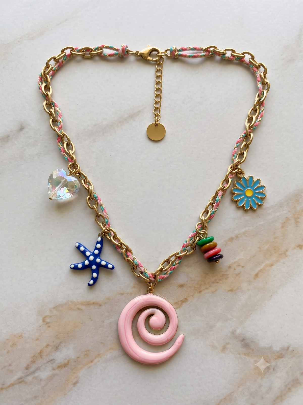Boho Seaside Woven Chain Necklace with Pink Spiral