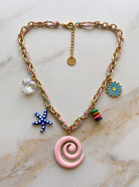 Boho Seaside Woven Chain Necklace with Pink Spiral