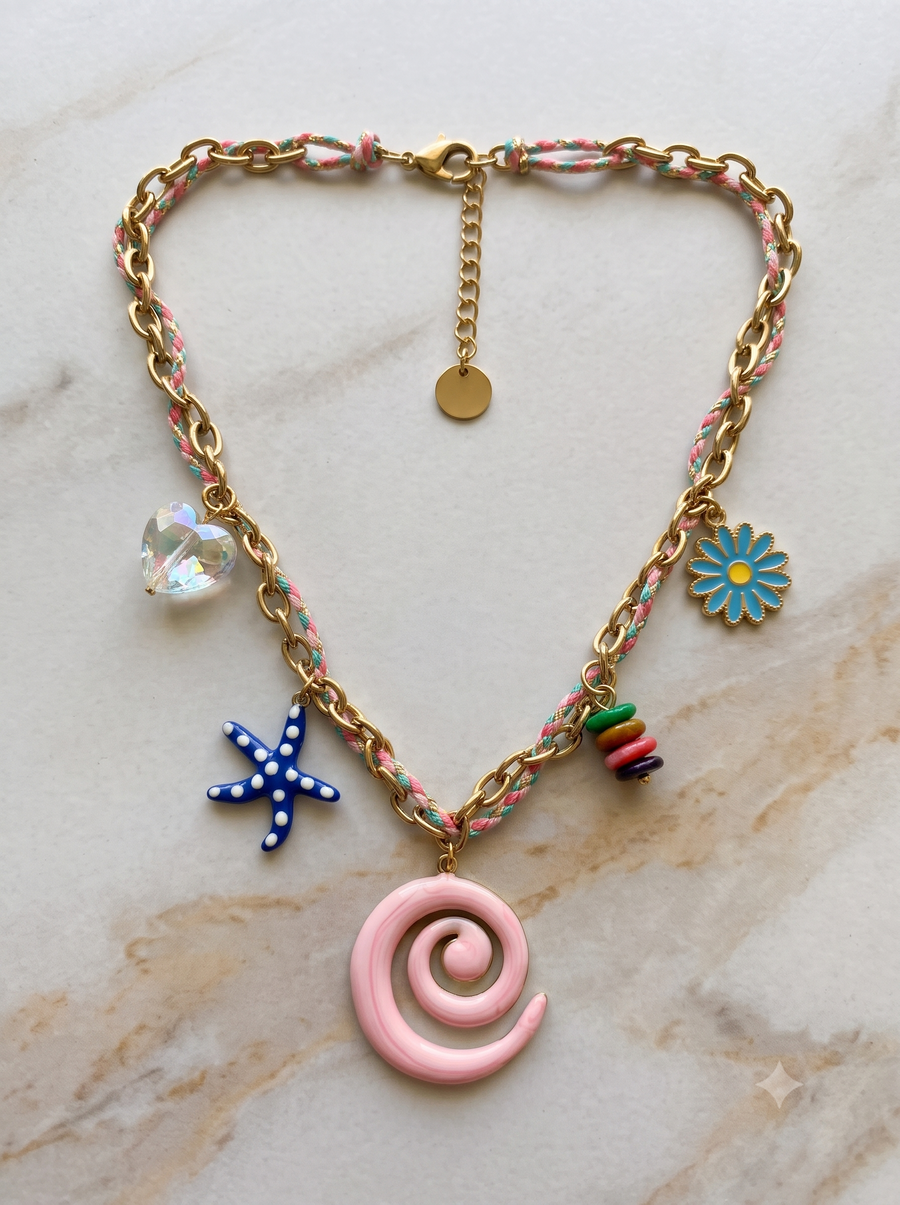 Boho Seaside Woven Chain Necklace with Pink Spiral