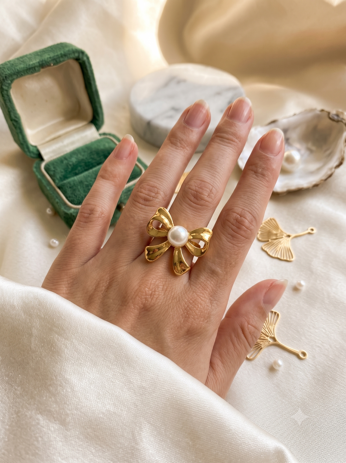 Vintage Gold Pearl Bow Ring