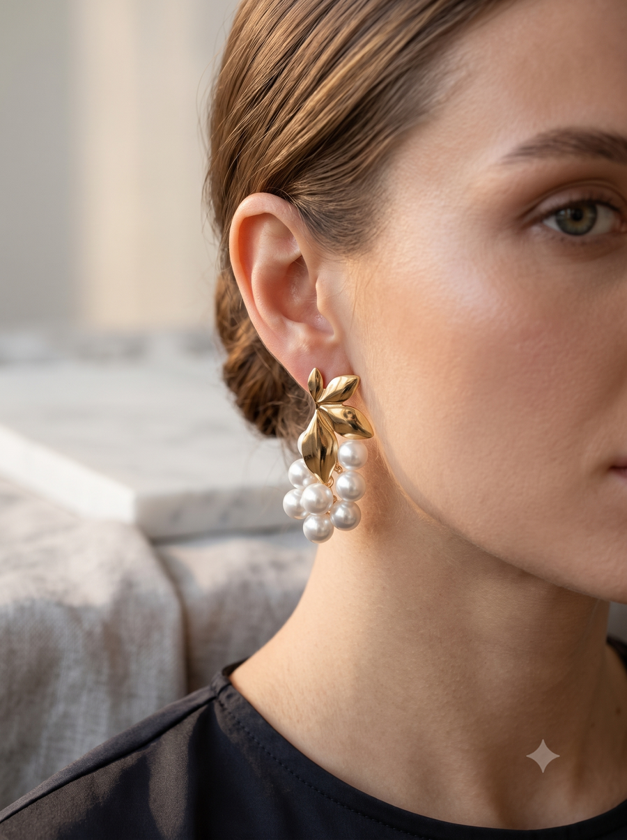 Lustrous Pearl & Gold Floral Cascade Earrings