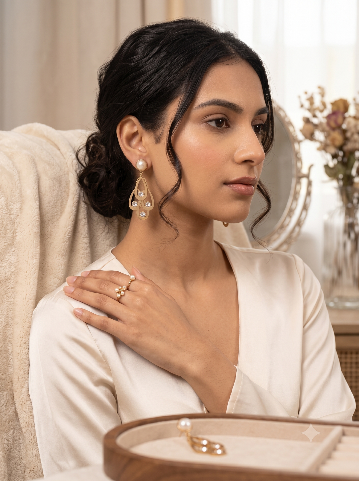 Elegant Gold-Tone Tiered Teardrop Earrings with Pearl & Crystal Accents