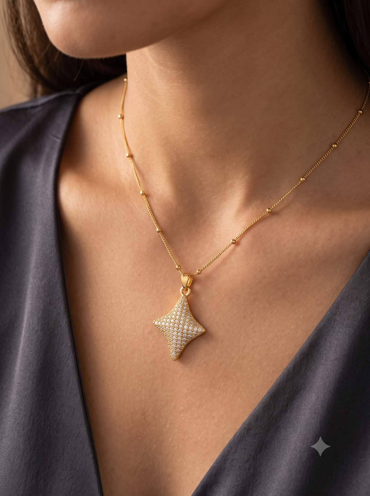 Sparkling Starburst Pavé Pendant Necklace with Gold Beaded Chain