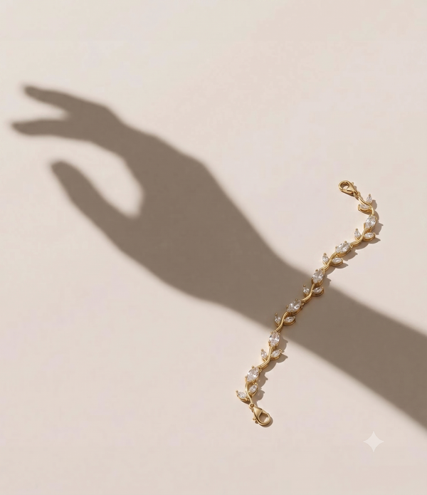 Gold-Plated Delicate Leaf & Cubic Zirconia Chain Bracelet