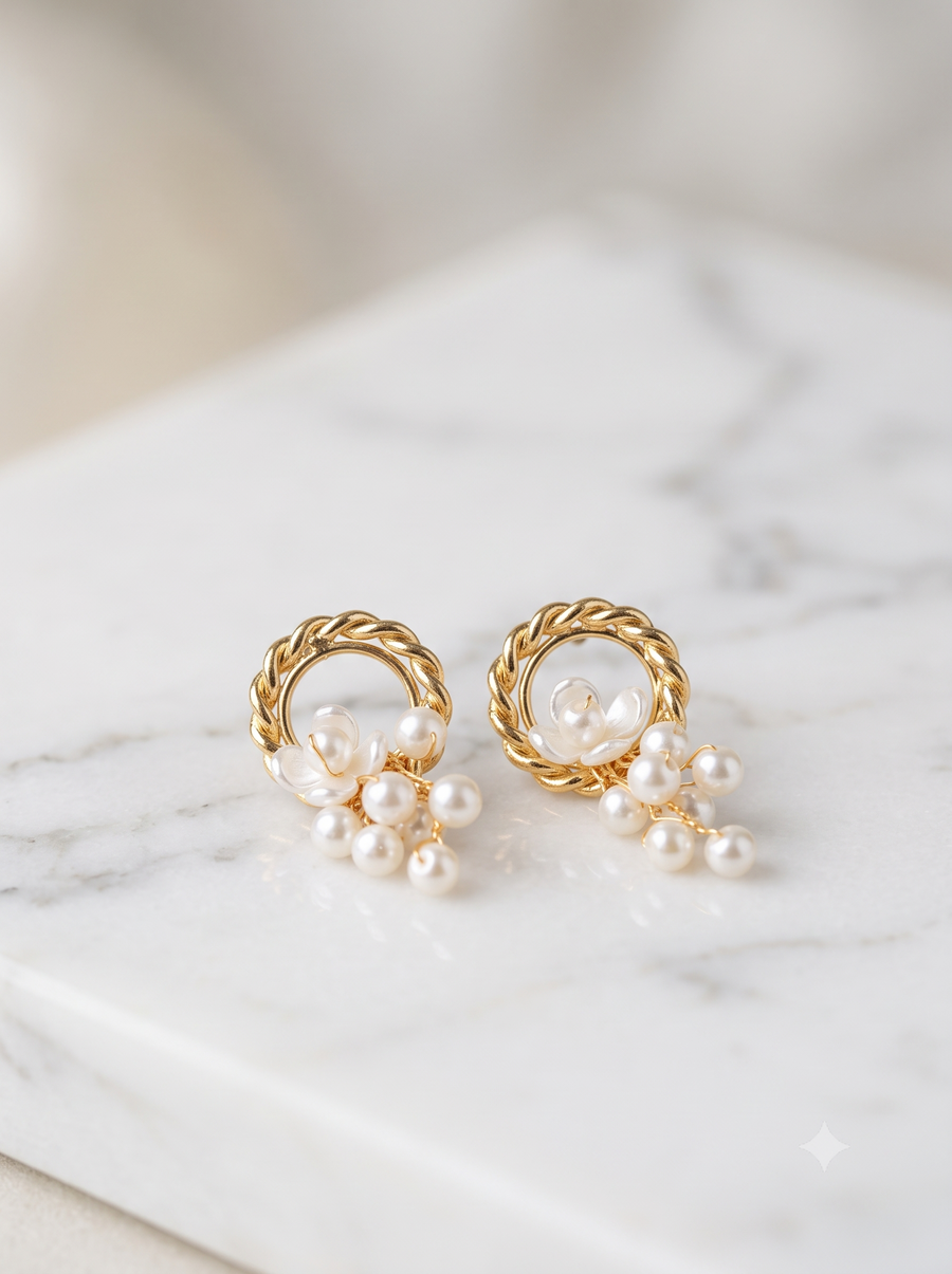 Vintage Braided Gold Hoop & Pearl Cascade Drop Earrings