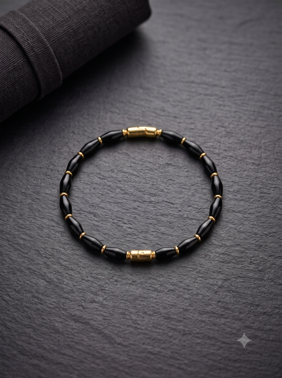 The Midnight Onyx & Gold Barrel Bracelet
