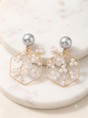 Geometric Hexagon & Frosted Floral Pearl Drop Earrings