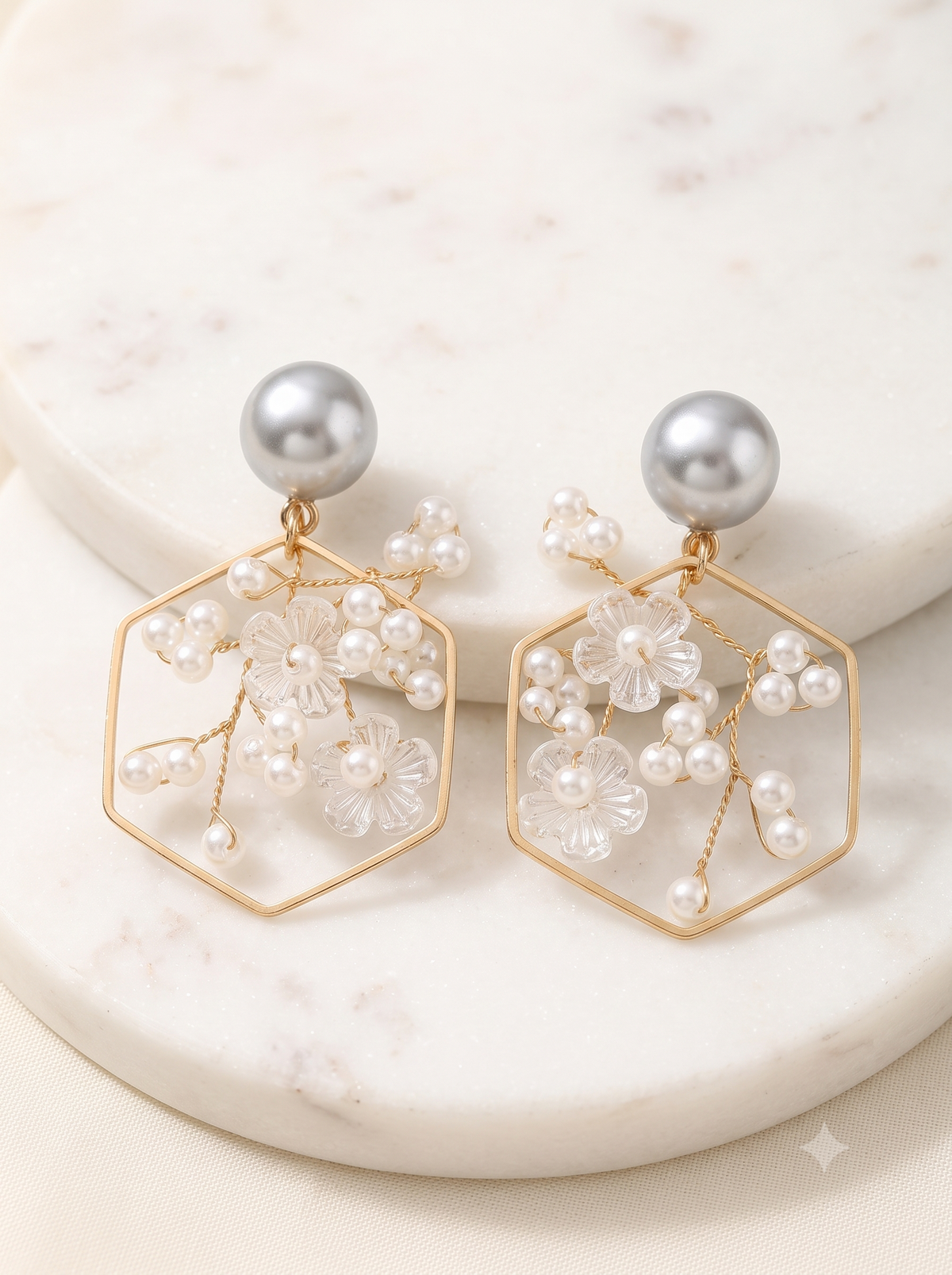 Geometric Hexagon & Frosted Floral Pearl Drop Earrings