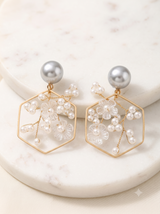 Geometric Hexagon & Frosted Floral Pearl Drop Earrings