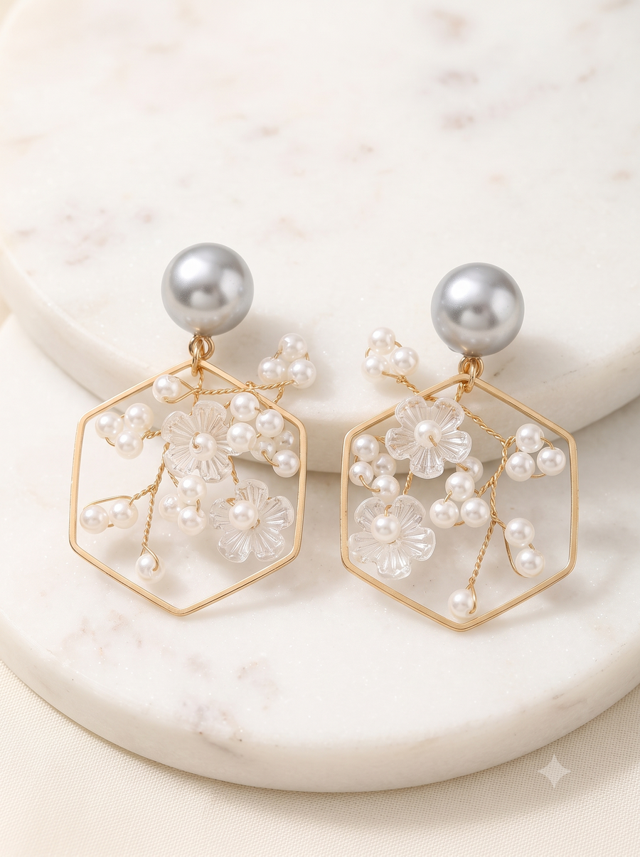 Geometric Hexagon & Frosted Floral Pearl Drop Earrings
