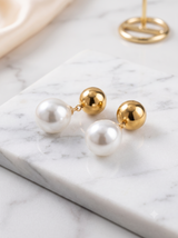 Timeless Gold Sphere & White Pearl Drop Earrings