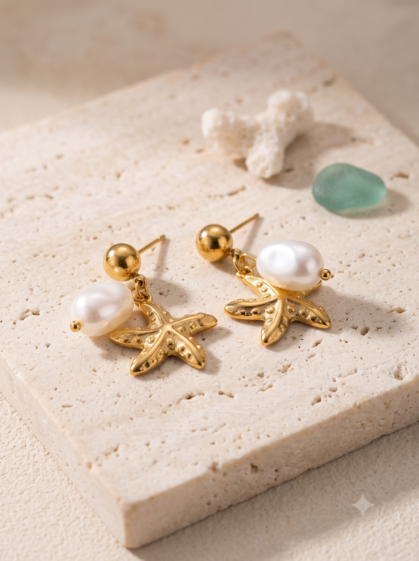 Ocean Pearl & Starfish Dangle Earrings – Anti-Tarnish
