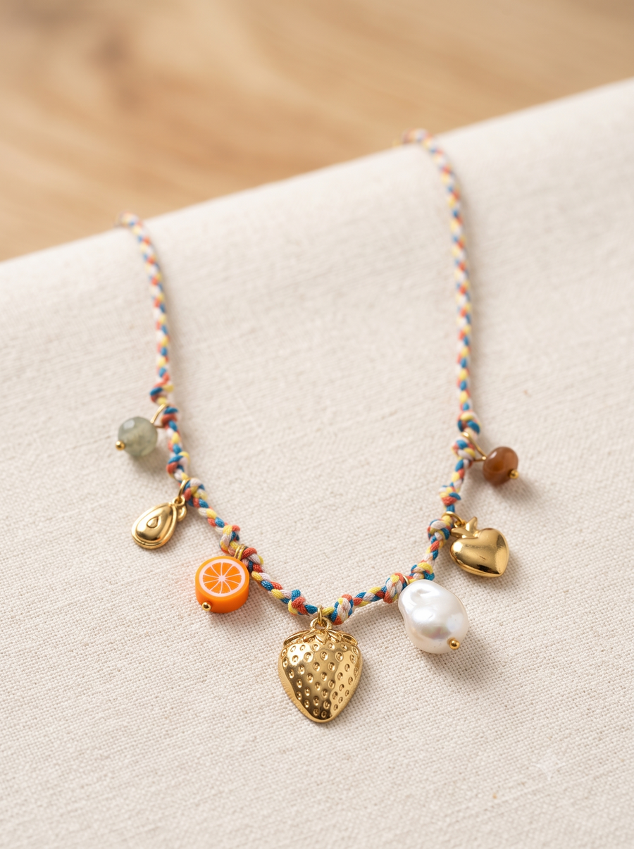Boho Summer Fruit & Pearl Braided Charm Necklace