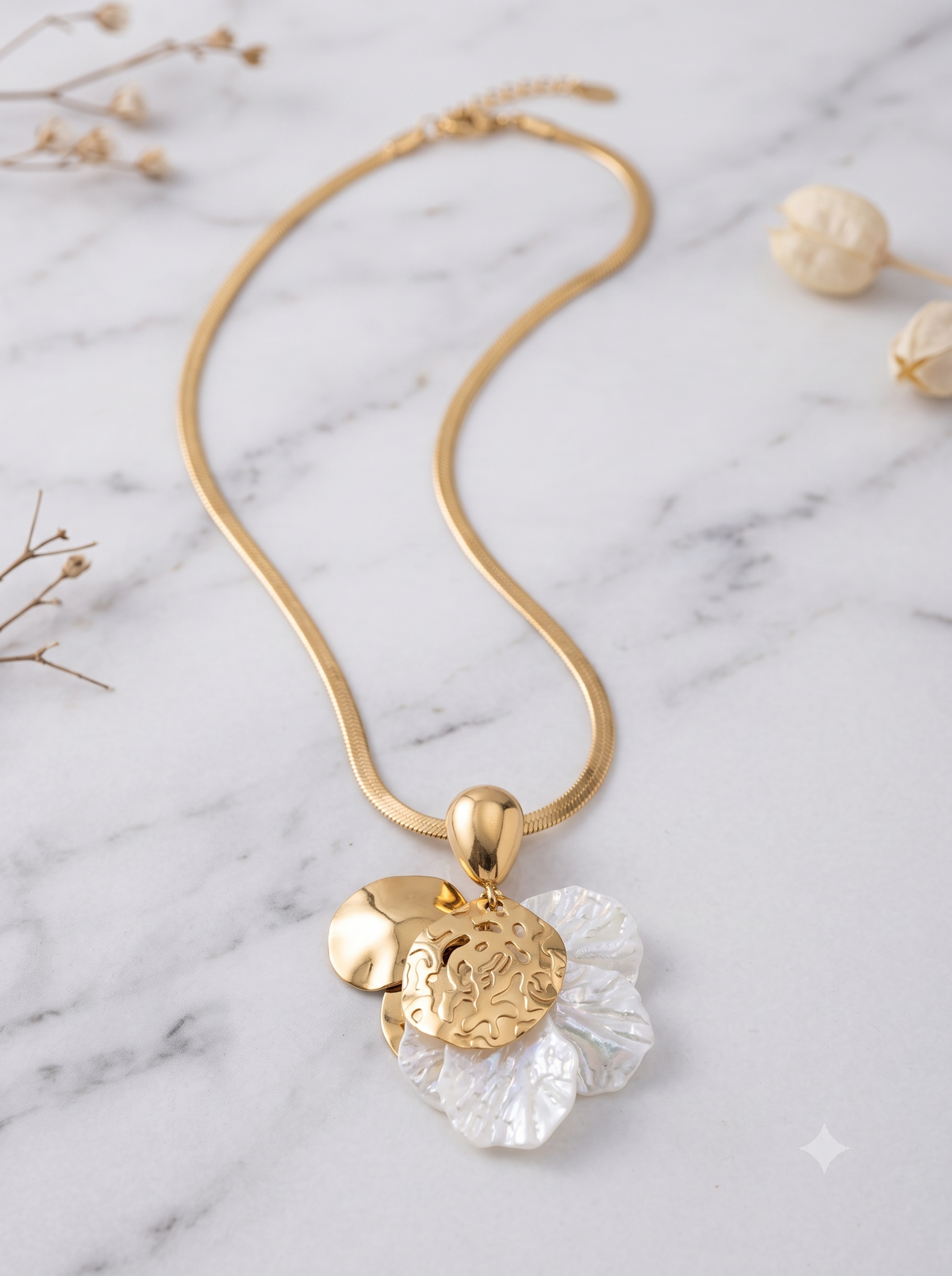 Floral Shell & Textured Gold Pendant Necklace on Snake Chain