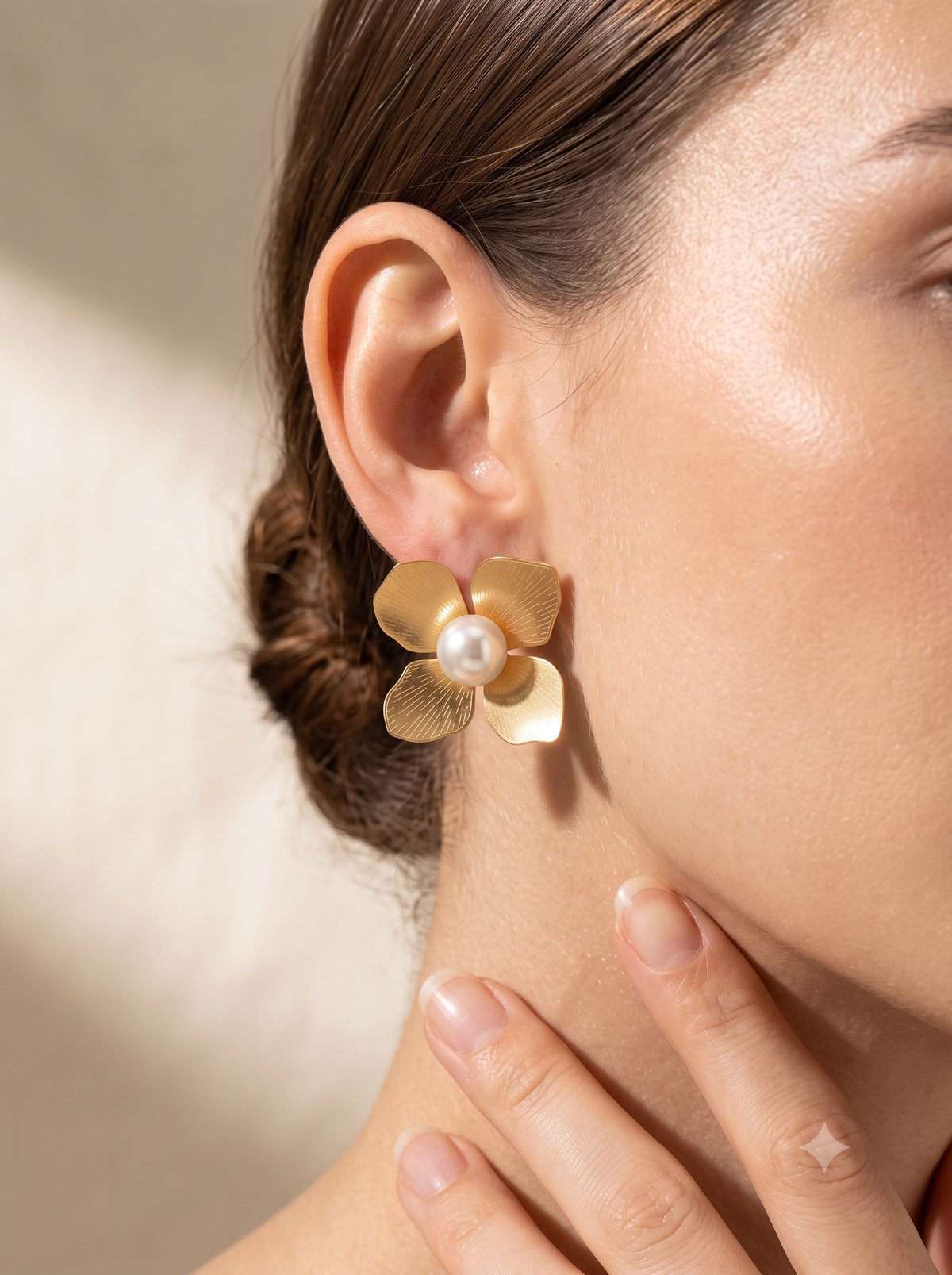 Matte Gold Floral Statement Studs with Pearl