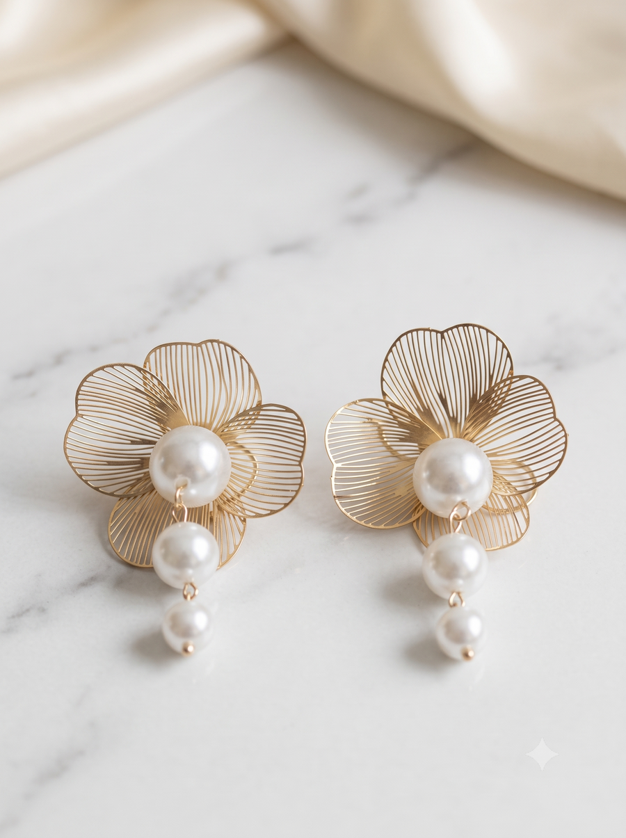 Golden Wire Flower Earrings with Dangle Pearls for Women