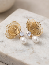 Elegant Gold Filigree Floral Pearl Drop Earrings