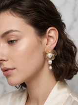 Golden Wire Flower Earrings with Dangle Pearls for Women