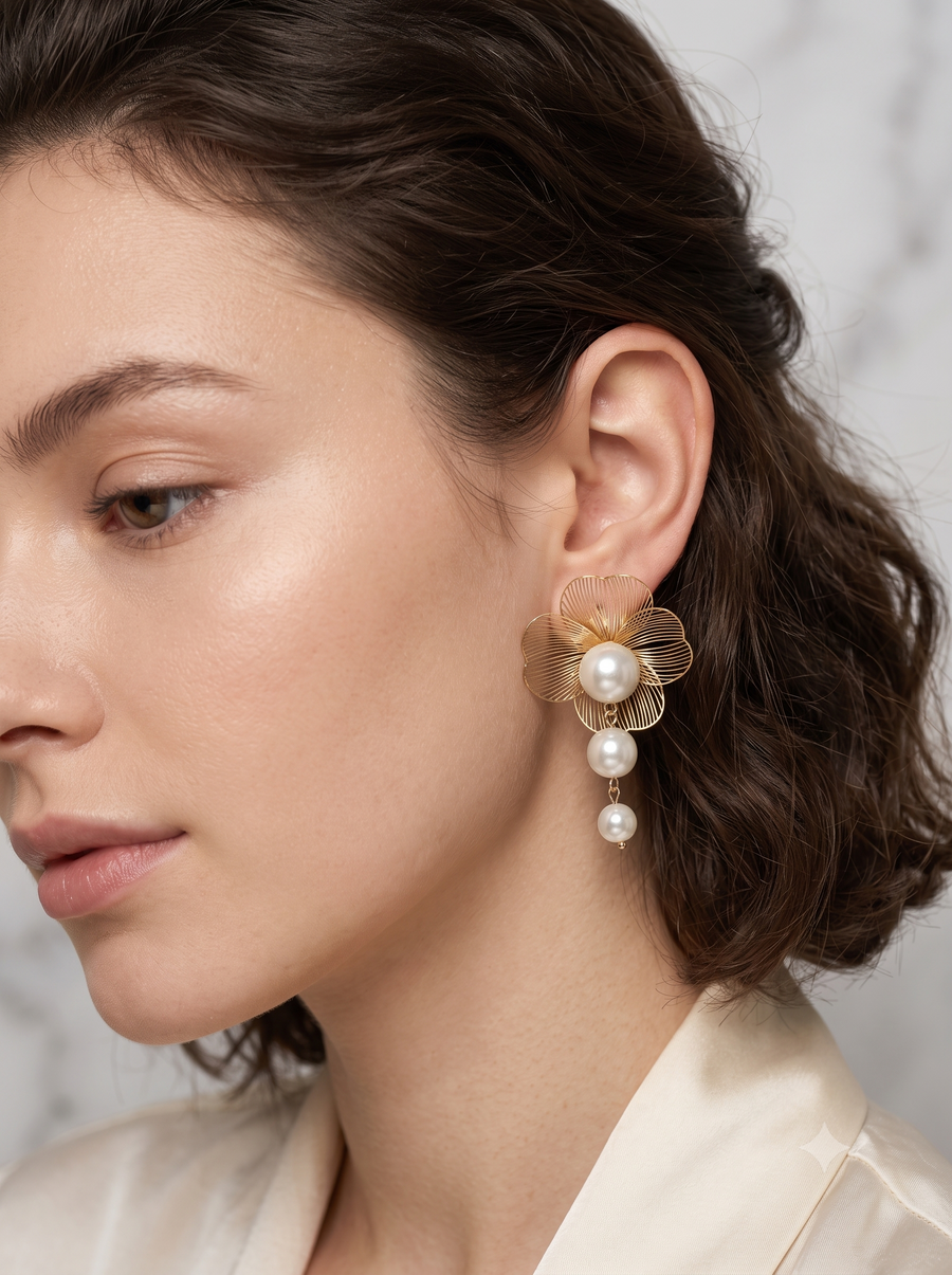 Golden Wire Flower Earrings with Dangle Pearls for Women