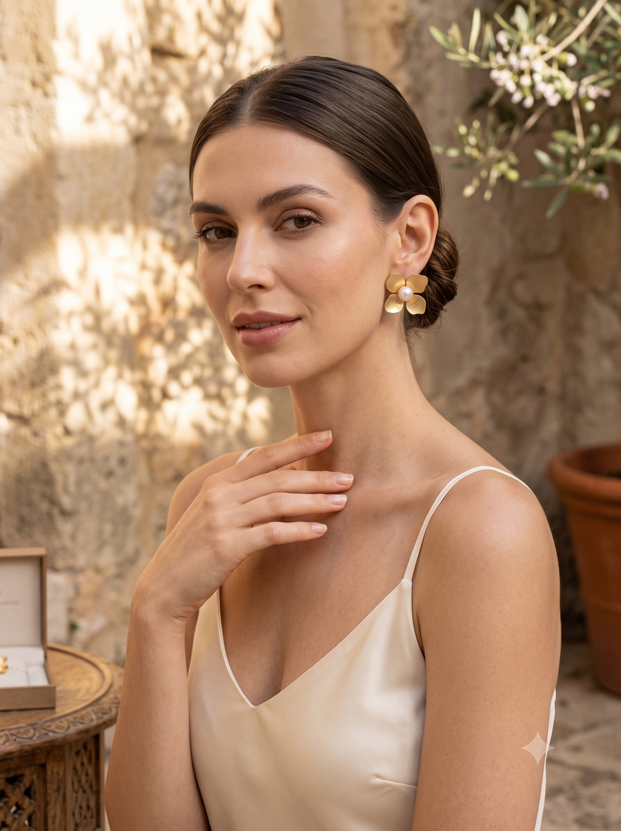 Matte Gold Floral Statement Studs with Pearl