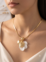 Floral Shell & Textured Gold Pendant Necklace on Snake Chain
