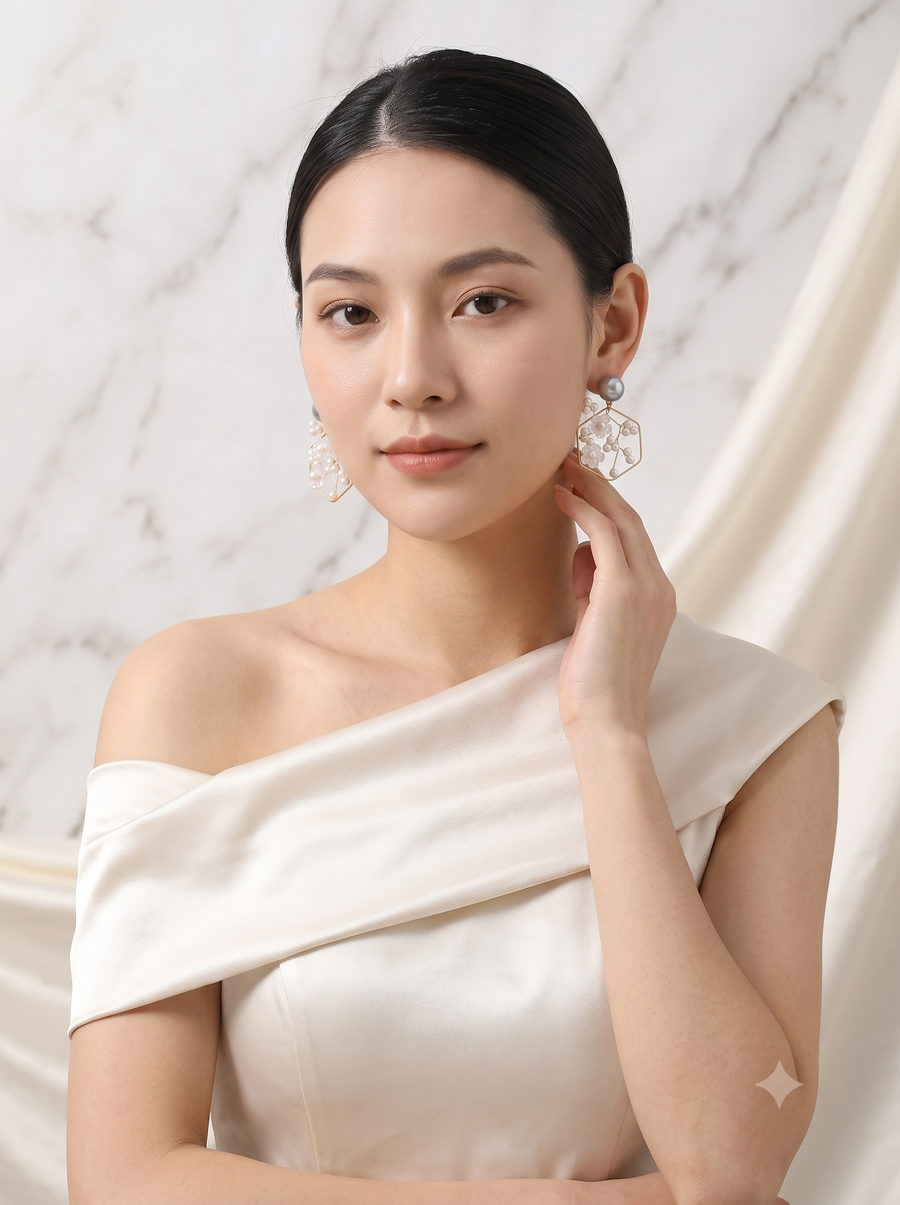Geometric Hexagon & Frosted Floral Pearl Drop Earrings