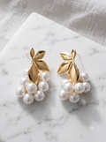 Lustrous Pearl & Gold Floral Cascade Earrings