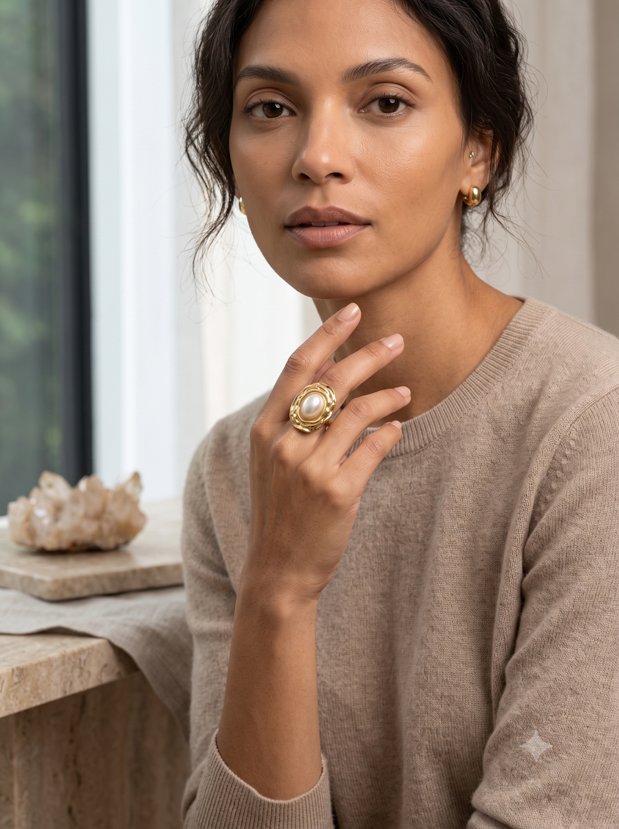 Vintage-Inspired Textured Gold & Oval Pearl Statement Ring