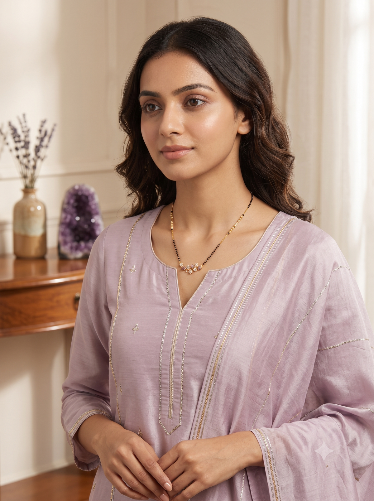 Elegant Floral CZ Short Mangalsutra with Purple Accents